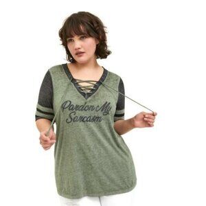 TORRID AGAVE PARDON MY SARCASM LACE UP RAGLAN - 00 M/L